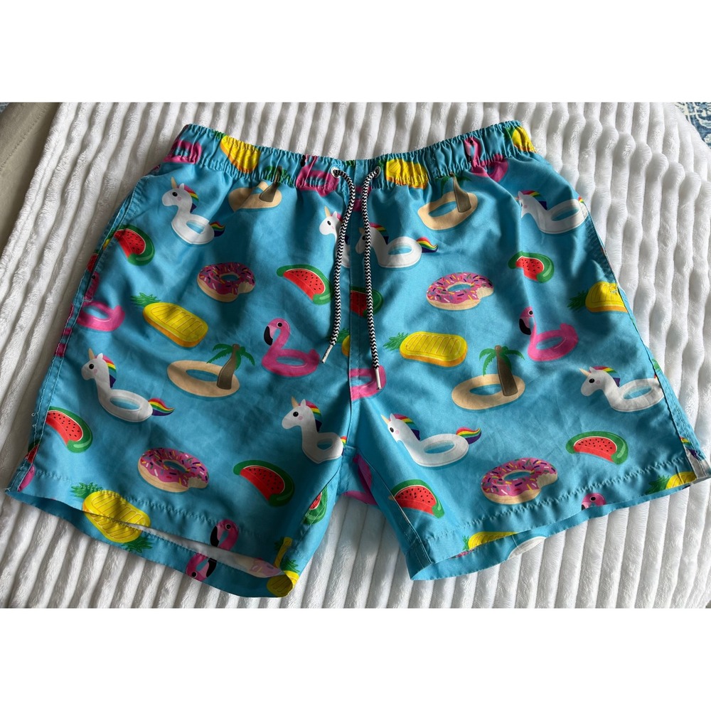 Boardies Apparel Mens Pool Float Print Swim Trunks Blue Unicorn Flamingo Medium